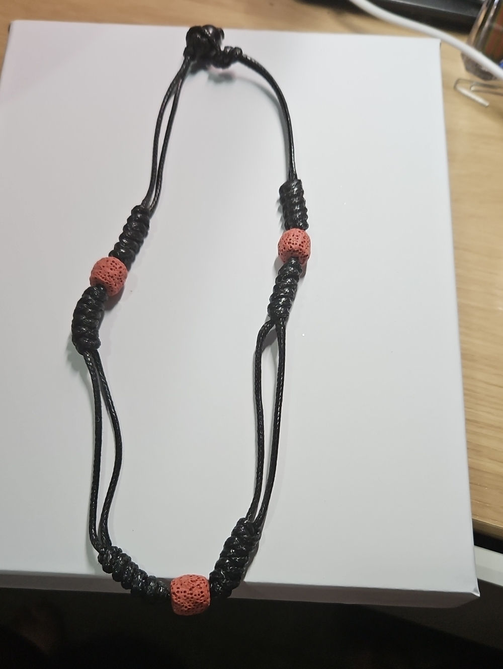 Adjustable Black Cord Necklace with Coral Colored Lava Beads